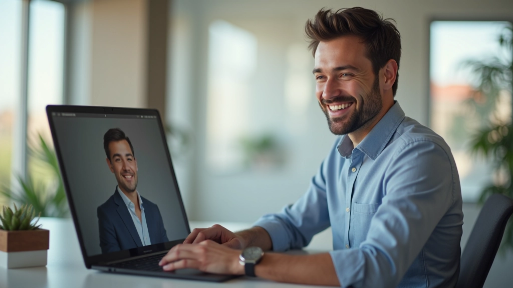 Profissional satisfeito a usar nova fotografia corporativa no LinkedIn, sorriso genuíno, ambiente de escritório moderno, luz natural pela janela