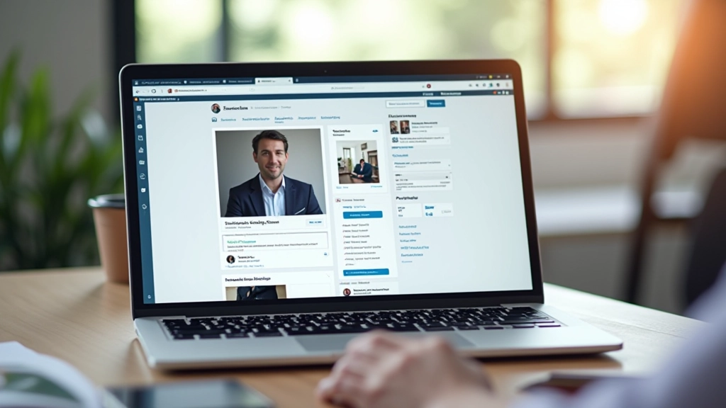Laptop mostrando simultaneamente LinkedIn e website de portfólio lado a lado com informações profissionais
