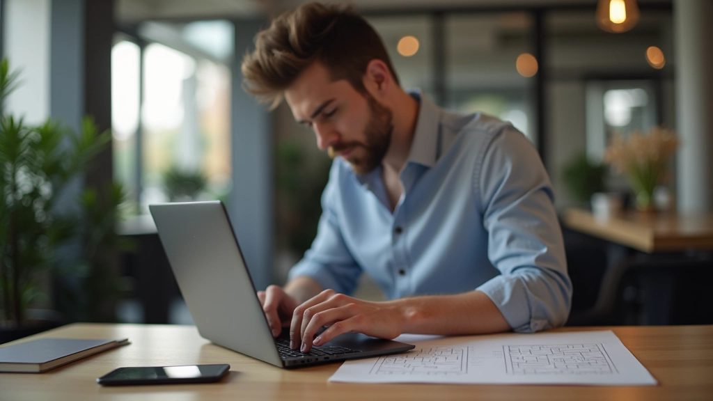 Espaço de trabalho moderno com design de portfólio em andamento