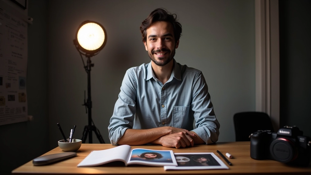 Equipamento de fotografia profissional e amostras de portfólio