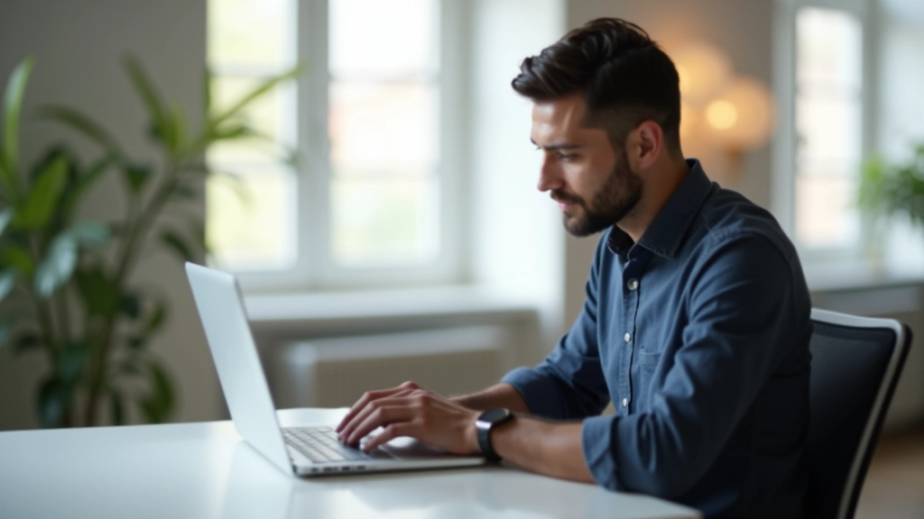 Profissional criando portfólio online em ambiente de trabalho moderno